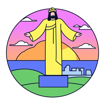 Christ the Redeemer statue standing majestically atop a hill. The statue is illuminated with a warm golden glow, highlighting its features. In the background, the sun is setting, casting hues of orange, pink, and purple in the sky. Wispy clouds are scattered across the horizon, reflecting the vibrant colors of the sunset. The surrounding landscape shows green hills and a distant view of a city nestled below.