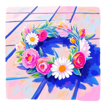A detailed flower crown made of "daisies" and "roses" is resting on a wooden table. The crown features vibrant white petals of the daisies interspersed with soft pink and deep red roses. The delicate green leaves are woven throughout, providing a fresh contrast. The table's surface is rustic, with visible grains and imperfections, suggesting it has been well-used. Soft natural light casts gentle shadows, enhancing the textures of the flowers and the wood.