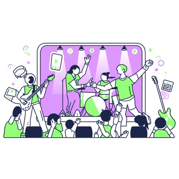 A lively rock concert scene with sharp illustrations of the band performing on stage and excited fans.