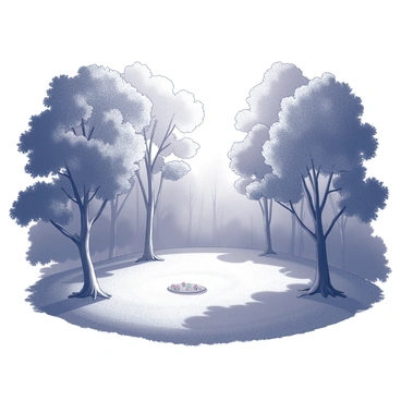 A forest clearing surrounded by tall trees with lush foliage. The sunlight filters through the branches, creating gentle patterns on the forest floor. In the center of the clearing, there is a small patch of grass, where a few wildflowers are scattered. The atmosphere appears tranquil, with shadows dancing softly around the edges of the clearing, giving the impression of a secluded and inviting space.