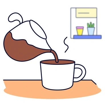 A shiny white mug is placed on a wooden table. Hot coffee is being poured into the mug from a glass carafe. The coffee is a rich brown color, and steam is rising from the surface of the liquid, creating a wavy effect. The background features a soft focus of a cozy kitchen setting.