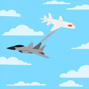 An F5 jet with a sleek, aerodynamic design is positioned in mid-air, receiving fuel from a large tanker plane. The tanker plane has distinctive features, including a wide wingspan and multiple connected hoses extending from its fuselage to the F5 jet. The hoses are clearly visible and taut, illustrating the fuel transfer process. Below the aircraft, a vast expanse of blue sky is present, with a few fluffy white clouds scattered throughout the scene, enhancing the sense of altitude and the dramatic nature of aerial refueling.