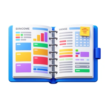 A colorful budget planner notebook opened with various financial sections visible