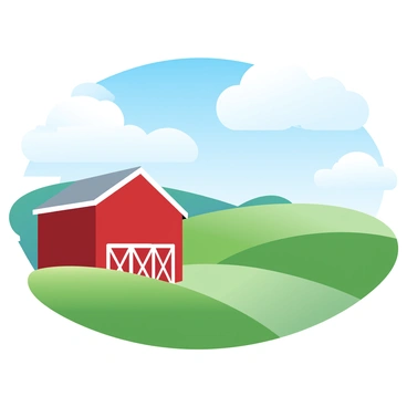 A vibrant farm landscape with gently rolling green hills. A red barn stands prominently in the foreground, surrounded by lush fields. The barn has white trim and large doors, adding a charming detail to the scene. In the background, a clear blue sky stretches above, creating a stark contrast with the green hills. Several fluffy white clouds float lazily, enhancing the tranquil atmosphere of the setting.