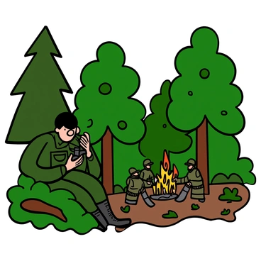 A spy with medium skin tone and short black hair is crouched behind a bush in a dense forest. He is wearing a dark green tactical outfit with pockets and sturdy boots. His sharp eyes are focused on a group of enemy soldiers in the distance, who are gathered around a campfire. The spy holds a pair of binoculars in one hand, while his other hand is resting on his knee. Surrounding him are tall trees with lush green leaves and scattered fallen branches on the ground, creating a camouflage for his position. The atmosphere is tense, as the spy remains alert to any changes in the enemy's behavior.