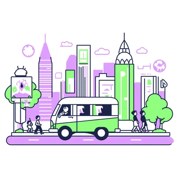 A camper van is driving down a busy street in a bustling city. The scene is filled with tall skyscrapers, each designed with various architectural features. The camper van is positioned towards the center of the image, showcasing its rounded edges and distinctive windows. Colorful billboards light up the scene, displaying various advertisements and promotions. Pedestrians can be seen walking along the sidewalks, with some looking up at the skyscrapers. A few trees line the street, providing a touch of greenery among the urban backdrop.