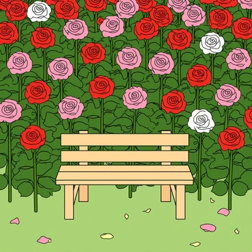 A vibrant field filled with blooming roses in various shades of red, pink, and white. Each rose bush is lush with green leaves and some have delicate petals glistening with morning dew. In the center of the field, there is a quaint wooden bench made of light-colored wood, featuring a simple slatted design. The bench is positioned invitingly among the roses, surrounded by a scattering of fallen petals on the soft grass below. The scene captures a bright and cheerful atmosphere, perfect for a peaceful moment in nature.