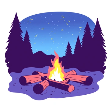 A warm orange campfire is glowing brightly in the center of the scene. Surrounding the campfire, there are several large, comfortable logs arranged for seating. In the background, a clear summer sky is visible, dotted with twinkling stars. Numerous glowing yellow fireflies are scattered throughout the scene, illuminating the surrounding area with their soft light. Tall trees frame the scene, their silhouettes contrasting against the night sky, adding depth to the tranquil atmosphere.