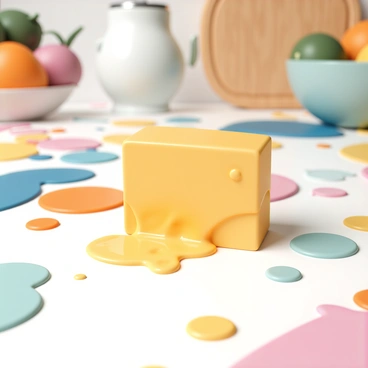 A busy kitchen with a sponge soaking up spilled juice from a colorful countertop.