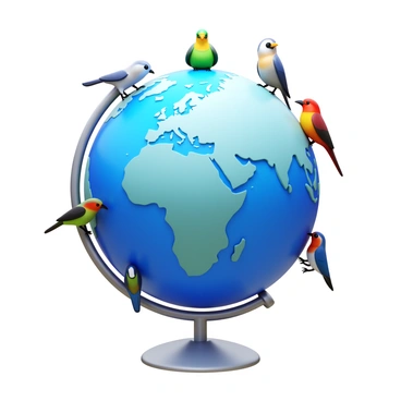 A globe depicting a detailed map of the world. Each continent is clearly defined and colored in distinct hues. There are various species of birds perched on the edges of each continent. The birds include colorful tropical species, small songbirds, and larger birds of prey. The globe is positioned on a silver stand, giving it a polished appearance. The overall scene captures a harmonious interaction between the globe and the birds.