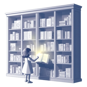 A young girl stands in front of a large, intricately carved bookshelf. The shelves are filled with old books, their spines adorned with ornate titles and designs. Some books are partially open, revealing glowing pages that emit a soft light. The girl, wearing a simple dress and with her hair tied back, reaches for a book that seems to shimmer with magic. Around her, the environment is filled with hints of different worlds—faint outlines of landscapes and creatures visible through the gaps between the shelves. Her expression is one of wonder and curiosity as she prepares to open the book.