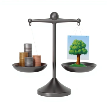 A scale with a metallic finish, featuring a central beam and two pan platforms. On one side, there is a neatly stacked arrangement of various coins, including quarters, dimes, nickels, and pennies, showcasing their distinct sizes and colors. On the other side, an illustration depicts a colorful, detailed drawing of a tree with green leaves, brown bark, and a clear blue sky in the background. The scale is balanced, highlighting the visual weight of both the coins and the illustration.