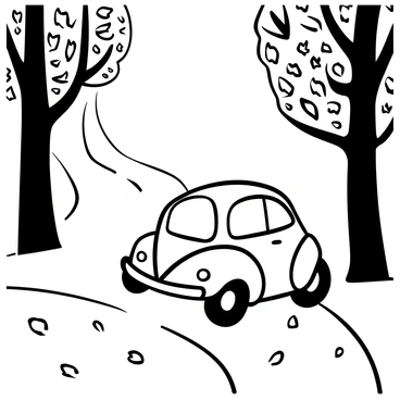 A VW Beetle driving along a winding road covered in scattered leaves. The leaves in various shapes and sizes are spread across the road, creating a thick layer that contrasts against the car. The Beetle features its distinctive rounded shape and is set in motion, with tires slightly splashing leaves. Tall trees line the sides of the road, their branches heavy with leaves in various forms, some fully intact and others partially fallen, contributing to the autumn scene. The overall composition captures a sense of movement and the beauty of the season.