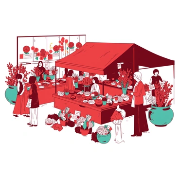 A red flower market is bustling with activity. Numerous vendors are set up at different stalls displaying a variety of fresh blooms in an array of colors. Each vendor is engaged with customers, showcasing vibrant arrangements of flowers and greenery. There are large pots of teal plants placed decoratively around the market, adding to the lively atmosphere. Brightly colored ribbons are tied around bouquets, and small signs with names of the flower types are placed on each stall. The scene is filled with people, some carrying shopping bags full of flowers, while others are chatting and enjoying the vibrant environment.
