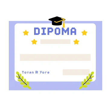 A diploma featuring a large rectangular shape in the center with a pixelated border. The background of the diploma is filled with a gradient of light blue and white pixel squares. At the top, there is a pixel art depiction of a graduation cap in black and gold. The text "DIPLOMA" is displayed prominently in the middle of the diploma using bold pixelated letters in deep blue. Below the main title, there is a section with the recipient's name in a smaller pixel font, surrounded by decorative pixel art stars in yellow. In the bottom corners, there are pixelated versions of laurel branches in green, adding an elegant touch to the diploma.