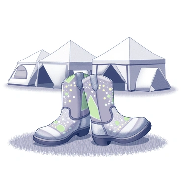 A pair of decorated festival boots is positioned prominently on a grassy field. The boots are adorned with various colorful patterns and embellishments, showcasing intricate designs. In the background, several tents are set up, featuring different shapes and sizes. The tents are clustered together, with some having open flaps, revealing the interior. The grass appears lush and well-maintained, contributing to the vibrant atmosphere of the festival setting.