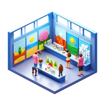 A seasonal art exhibit taking place inside a shop. The walls are covered with themed illustrations representing different seasons. Each illustration showcases vibrant colors and distinct characteristics of its respective season, such as blooming flowers for spring, bright beaches for summer, colorful leaves for autumn, and snowy landscapes for winter. The shop is well-lit, with natural light streaming through large windows, highlighting the artwork. Display stands feature smaller art pieces and decorations that complement the main illustrations. A few visitors are admiring the art, creating a lively atmosphere.