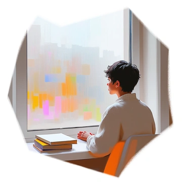 A person with medium skin tone is sitting quietly by a large window, gazing out at the rain-soaked landscape. The window is adorned with droplets of water cascading down the glass, creating a blurred view of the outside. The individual has short, curly hair and is wearing a cozy, knitted sweater. Their hands are gently resting on their knees, and a soft light filters in, illuminating their thoughtful face as they reflect on the rain falling outside. The room is simple, with a few books stacked on a nearby table, enhancing the calm atmosphere of the scene.