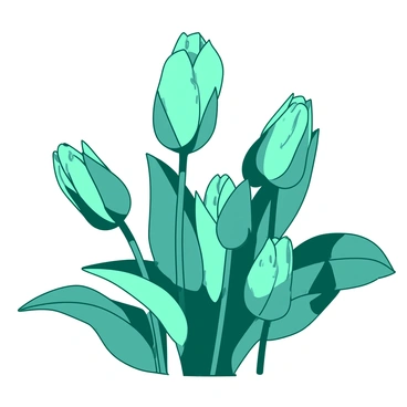 A teal illustration features several flower buds at various stages of opening. The buds are nestled among green leaves, showcasing intricate details in the hatching technique. Some buds are still tightly closed, while others are beginning to unfurl and reveal delicate petals. The scene captures the gradual transition of the buds as they start to bloom.