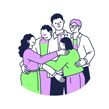 A diverse group of six people is standing closely together, forming a supportive circle. Each person is engaged in a warm embrace with one another. On the left, a woman with curly hair and a bright smile is hugging a tall man with a beard, who is wearing a casual shirt. Next to them, a woman with long straight hair is embracing a man wearing glasses and a jacket. To the right, a person of Asian descent is reaching out to hug a person with short hair, who is wearing a colorful top. The expressions on their faces convey a sense of joy and comfort, emphasizing the supportive nature of their interaction.