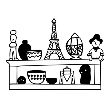 A wooden shelf filled with various objects representing different cultures. There is a small totem pole carved from wood on the left side, alongside a decorative pottery vase with intricate patterns. Next to the vase sits a colorful woven basket. A miniature Eiffel Tower made of metal stands prominently in the center. To the right, there is an ornate lantern with geometric designs, and a fabric doll dressed in traditional clothing. Each object is distinct, showcasing the diversity of cultural artifacts.