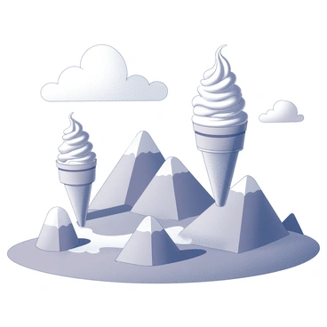A landscape featuring towering mountains shaped like ice cream cones. The cones are large and prominently displayed, with swirls of textured ice cream on top, resembling various flavors. The surrounding terrain consists of rolling hills and whimsical shapes, adding to the surreal quality of the scene. A clear sky is visible above, with fluffy clouds scattered throughout, enhancing the dreamlike atmosphere of this unique environment.