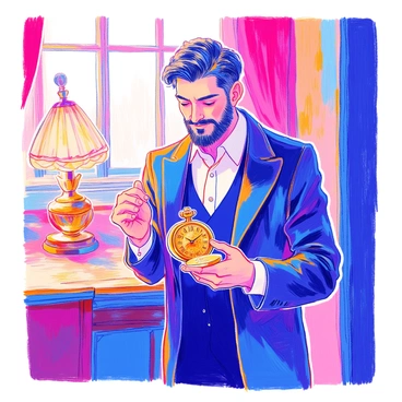A man with short dark hair and a neatly trimmed beard is standing in a well-lit room. He is wearing a tailored navy blue suit and a crisp white shirt. In his right hand, he is proudly holding an ornate pocket watch, inspecting it closely with a look of admiration on his face. The watch features intricate engravings and a shiny gold finish. The background shows a wooden table and a vintage lamp, adding to the classic atmosphere of the scene.