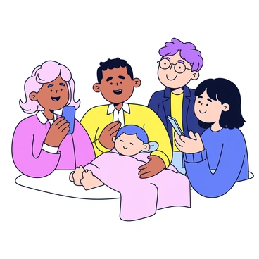 A newborn baby wrapped in a soft, pastel-colored blanket. The baby's small face is visible, with closed eyes and a peaceful expression. Around the baby, family members are gathered, each displaying expressions of awe and joy. One family member has curly hair and is leaning closer to admire the baby. Another family member has glasses and is gently smiling, while a third is capturing the moment on a smartphone. The setting is a cozy room with warm lighting.