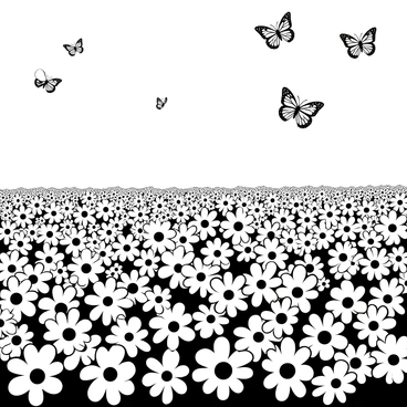 A vast field filled with numerous daisies, their petals spread wide. Several butterflies are fluttering above the flowers, showcasing various wing shapes and patterns. The daisies are densely packed, creating a lively landscape, while the butterflies hover gracefully in the air, adding movement to the scene.