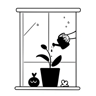 A wilting plant in a pot sits on a windowsill, its leaves drooping and edges curling. A hand reaches down gently, holding a small watering can, pouring water onto the dry soil around the plant. Sunlight filters in through the window, casting soft shadows on the wall behind the plant. A few droplets of water are suspended in the air, capturing the moment of care. The windowsill is adorned with a few small decorative items and the outline of the outside world is visible through the window.
