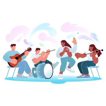 A group of children is playing various musical instruments including a guitar, a drum, a flute, and a violin. Each child is focused on their instrument, some are sitting while others are standing. Colorful sound waves are visualized in the air around them, creating a vibrant atmosphere. The background has a soft gradient of pastel colors that enhances the playful scene. The ground is covered in a grassy texture, adding to the lively environment of the music-making moment.