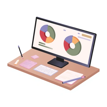 A digital flat illustration featuring a computer screen displaying a colorful pie chart. The pie chart is divided into several segments, each representing different categories of monthly expenses such as food, transportation, entertainment, and utilities. Each segment is filled with distinct colors: green for food, blue for transportation, red for entertainment, and orange for utilities. The computer screen has a sleek black frame and is placed on a wooden desk. Surrounding the screen, there are scattered notes and a pencil. The background is a simple light color to highlight the computer and the pie chart.