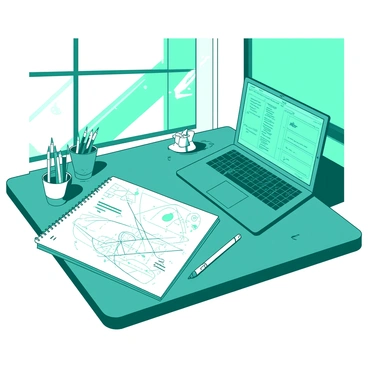 A teal desktop is cluttered with a variety of items. On the surface, there is a large white sketchpad opened to a page filled with intricate algorithmic designs and diagrams, showcasing various patterns and interconnected lines. Next to the sketchpad, there is a set of colored pencils arranged neatly, and a small white cup holds a few pens. A teal laptop is positioned to the side, its screen displaying a programming interface. Soft lighting from a nearby window creates a productive atmosphere.