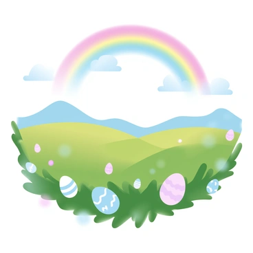 A vibrant rainbow is arched gracefully across the sky above a wide, open field. The field is filled with lush green grass, and scattered throughout are colorful Easter eggs in various sizes and designs. Some eggs are painted in bright pastel shades, while others feature intricate patterns. The landscape is bathed in soft, warm light, illuminating the scene and enhancing the colors. In the distance, gentle hills rise under the clear blue sky, creating a serene backdrop for the festive display.