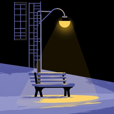 A solitary bench made of dark wood sits beneath a glowing streetlamp on an empty cobblestone street. The streetlamp casts a warm yellow light, illuminating the bench and a small area around it. Shadows stretch along the ground, enhancing the feeling of emptiness. The street is lined with brick buildings, their windows dark and unlit. There are no people or vehicles in sight, emphasizing the theme of loneliness in the scene.