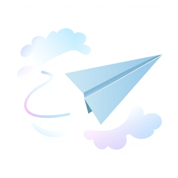 A "paper airplane" made from a "folded paper clip" is soaring through a "clear sky." The airplane has sharp edges and a sleek design, reflecting light as it catches the sun. Below the airplane, the sky is filled with soft gradient pastel colors, transitioning from light blue to gentle pink and lavender. A few fluffy clouds are scattered around, adding depth to the scene. The airplane is depicted mid-flight, leaving a faint trail in the air.
