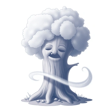 An ancient tree with a wide, thick trunk is present. The trunk features a face that is intricately carved, showing detailed features such as closed eyes, a nose, and a mouth that suggests a wise expression. The tree's bark is rough and textured, giving it a sense of age and character. Surrounding the tree is a soft mist that swirls gently at its base, creating an ethereal atmosphere. The ground is slightly uneven with patches of grass and small stones. The background fades into an indistinct blur, enhancing the mystical quality of the scene.