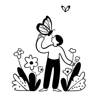 A butterfly with intricately patterned wings gently landing on the nose of a person standing in a lush garden. The person's head is slightly tilted back, and there are various flowers blooming around them, adding to the serene atmosphere. Soft leaves and delicate petals are visible in the foreground. The scene captures the moment of connection between the person and the butterfly, symbolizing a small yet delightful blessing from nature.