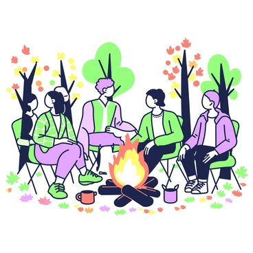 A small group of friends is gathered around a campfire in the woods. The fire is crackling with bright flames, casting warm light on the faces of the friends. They are sitting on logs and camping chairs in a circle. The friends are diverse in appearance, with one wearing a green plaid shirt and another in a purple hoodie. Colorful mugs are placed on the ground beside them. Surrounding the campfire, the woods are filled with trees displaying autumn foliage, with leaves in various stages of turning. The ground is covered with fallen leaves, creating a rich tapestry of colors beneath their feet.