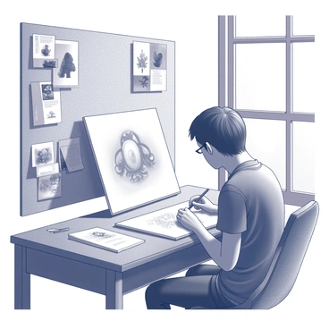 An illustrator seated at a cluttered wooden desk, focused intently on their work. The desk is scattered with various sketches and pieces of paper, showcasing different artistic styles and ideas. On one side, there are several reference images pinned to a corkboard, each featuring intricate designs and patterns. The illustrator is using a pencil to refine details on a canvas, which displays the beginnings of a detailed illustration for an upcoming awards event. The room is filled with natural light streaming through a window, illuminating the workspace and enhancing the creative atmosphere.