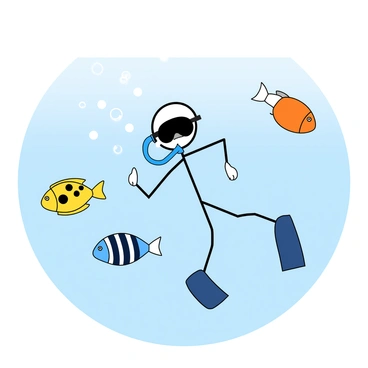 A simple stickman figure is depicted scuba diving underwater. The stickman has a circular head and thin lines for arms and legs. He is wearing a black scuba mask and a blue snorkel attached to his mouth. Around him, several colorful fish are swimming. One fish is yellow with black spots, another is blue with stripes, and a third is orange with a rounded body. Bubbles are rising from the stickman's snorkel, creating a sense of movement in the water. The background features a light blue gradient to represent the depths of the ocean.