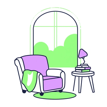A cozy reading nook features a comfy chair positioned in the corner of the room. The chair is upholstered in soft fabric, and a colorful blanket is draped over the side. Next to the chair, there is a small round table with a stack of books neatly arranged on it. A warm lamp sits on top of the table, casting a gentle glow. A large window is visible in the background, showcasing a view of green trees outside. A soft rug lies on the floor beneath the chair, adding to the inviting atmosphere.