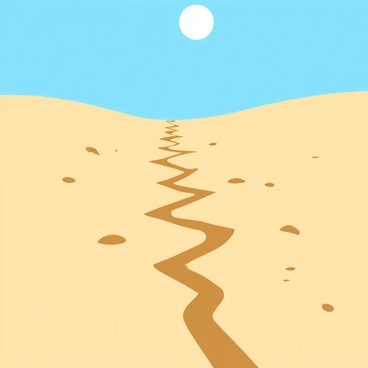A cracked and dry desert floor with deep fissures stretching across the surface. The ground is a light brown color, appearing parched and barren. Scattered small pebbles and rocks adorn the terrain, adding texture to the landscape. A bright blue sky overhead contrasts sharply with the earth tones below. The sun is positioned high in the sky, casting strong, defined shadows that emphasize the cracks in the ground.