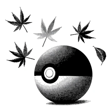 A "Pokeball" is being swept up by the wind, its spherical shape prominently displayed. Surrounding the "Pokeball," multiple "falling autumn leaves" are caught in midair, showcasing their various shapes and sizes. The leaves appear to be swirling around the "Pokeball," with some in an upward motion and others drifting downward. The scene captures the dynamic movement of the wind and the contrasting stability of the "Pokeball." Each leaf has distinct textures, reflecting their natural forms.