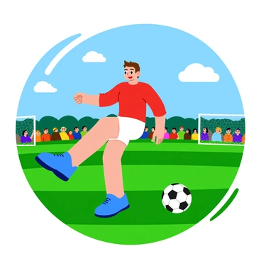 A player is standing on a grassy soccer field, positioned in mid-kick. The player has short brown hair and is wearing a red jersey with white shorts. Their left leg is raised high, showing a powerful motion as it connects with a black and white soccer ball. The player's right foot is firmly planted on the ground for balance. In the background, there are goalposts and a cheering crowd composed of a mix of animated fans wearing various colors. The sky is clear with a few fluffy clouds scattered above.