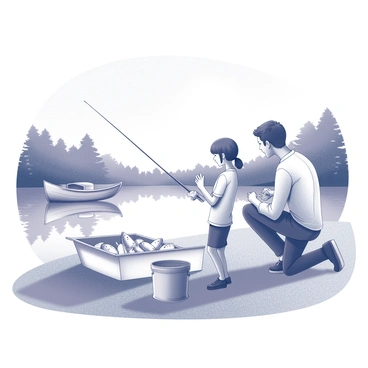 A family of four is gathered by a lake, engaging in a fishing activity. The parents are kneeling beside a bucket filled with "red snappers," showcasing their catch of the day. The children, a boy and a girl, are holding fishing rods, focusing on the water with excited expressions. Nearby, a classic wooden fishing boat is docked at the edge of the lake. The sun is shining brightly, creating reflections on the water's surface and casting playful shadows on the ground. Surrounding the scene are lush trees and grassy areas, contributing to the cheerful atmosphere of a perfect fishing day.