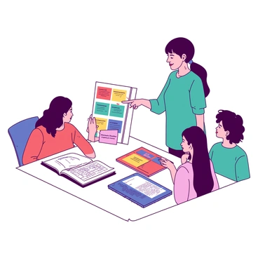 A white table is filled with various birth education materials, including colorful books and informative charts. The titles on the books are clearly visible, displaying topics related to childbirth and parenting. A doula, wearing a teal shirt, is standing beside the table, pointing at one of the charts while explaining details to a small group of attentive individuals. The doula has long hair tied back, and her expression is focused and engaging. The setting is bright and well-organized, creating a welcoming atmosphere for learning.