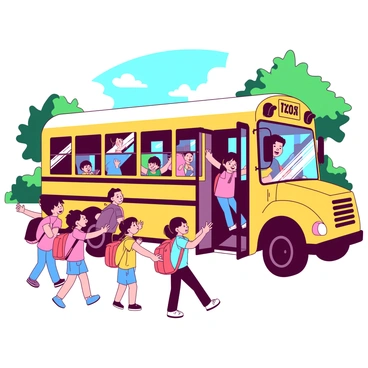 A group of excited children wearing colorful backpacks are eagerly boarding a yellow school bus. Each child has a bright smile on their face, reflecting their anticipation for the field trip. The bus door is open wide, and a friendly driver is waving at the children. Some kids are chatting animatedly while others are pointing towards the bus windows, imagining what they will see at the local museum. In the background, there are trees with green leaves and a clear blue sky.