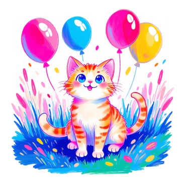 A cute cat with large round eyes and fluffy fur is sitting on a grassy surface. The cat's body is slightly tilted as it looks up with an excited expression. Around the cat, there are several colorful balloons in various sizes, floating above and gently bobbing in the air. The balloons are in bright colors such as red, blue, yellow, and green. The scene conveys a playful atmosphere with the cat's ears perked up and its tail curled playfully.