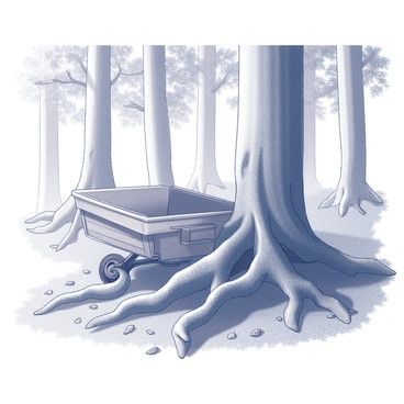 A cartable resting on the forest floor. It is surrounded by thick, gnarled tree roots that twist and turn in various directions. The background features a dense array of trees with textured bark and spread-out branches. Leaves scatter around the cartable, and patches of undergrowth can be seen nearby. The scene conveys a sense of seclusion and connection to nature.